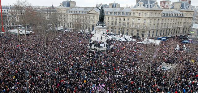 Rassemblement républicain dans les rues de Paris le 11 janvier 2015 en solidarité aux victimes des attentats dans les locaux du journal Charlie Hebdo, à Montrouge et  au supermarché Hyper Cacher à Porte de Vincennes
