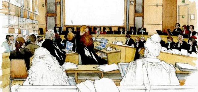 Aquarelle de Noëlle Herrenschmidt représentant la salle d'audience réalisée lors du procès V13