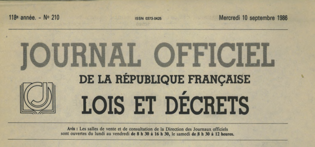 Une du Journal officiel du 10 septembre 1986