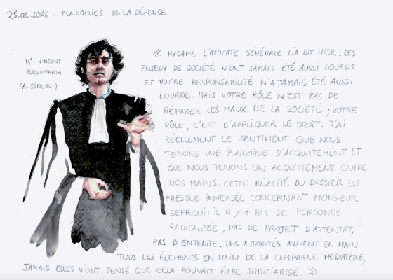 Aquarelle d'un avocat de la défense lors de sa plaidoirie avec reproduction de verbatims