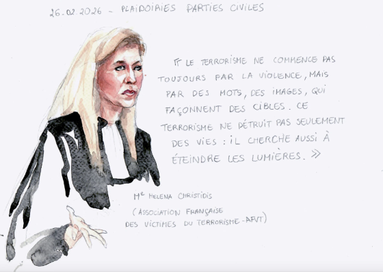Aquarelle représentant une avocate de la partie civile lors de sa plaidoirie avec reproduction de verbatims