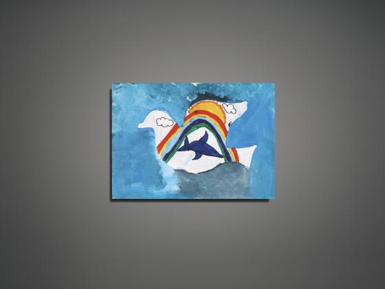 Dessin réalisé par un élève français après le 11 septembre 2011 représentant un oiseau blanc décoré d'un arc-en-ciel