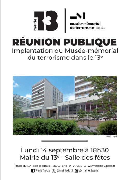 Affiche de présentation de la réunion publique du 14 septembre 2026 à la mairie du 13ème arrondissement de Paris