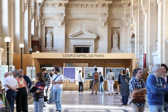 Vue générale du public de l'exposition photographique "Face au terrorisme, un patrimoine à inventer" lors des JEP 2026 à la Cour d'appel de Paris