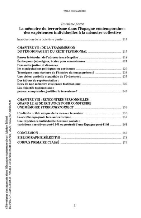 Fin du sommaire du livre de Marion Billard "Témoigner des attentats dans l'Espagne contemporaine"