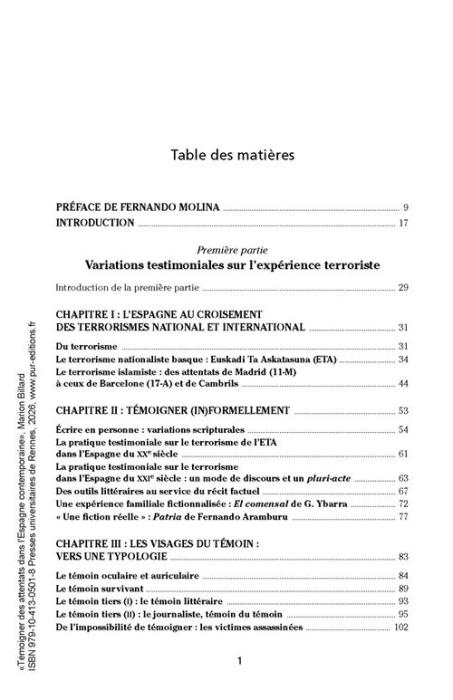 Sommaire du livre de Marion Billard "Témoigner des attentats dans l'Espagne contemporaine"