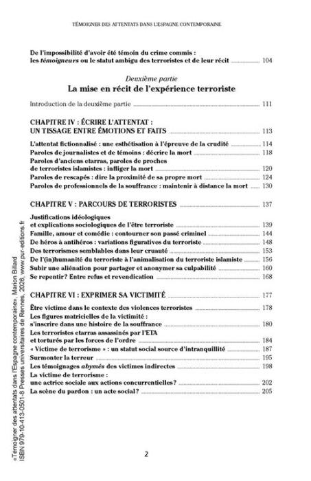 Suite du sommaire du livre de Marion Billard "Témoigner des attentats dans l'Espagne contemporaine"