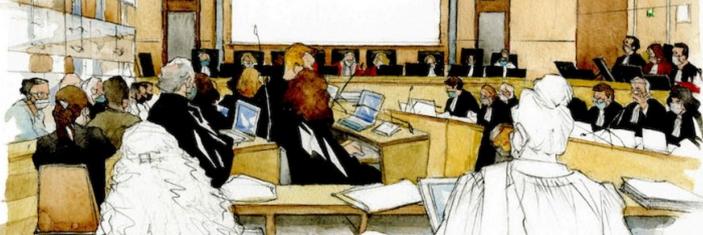 Aquarelle de Noëlle Herrenschmidt représentant la salle d'audience réalisée lors du procès V13