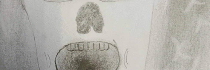 Dessin d'un visage effrayé réalisé dans le cadre de l'exposition pédagogique Regards sur le terrorisme
