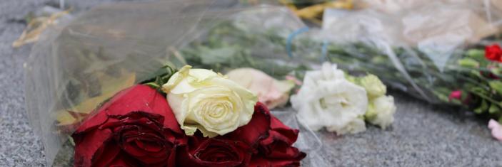 Roses déposées sur un bloc de granit