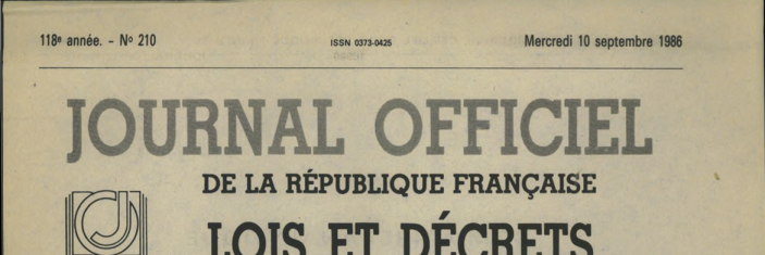 Une du Journal officiel du 10 septembre 1986