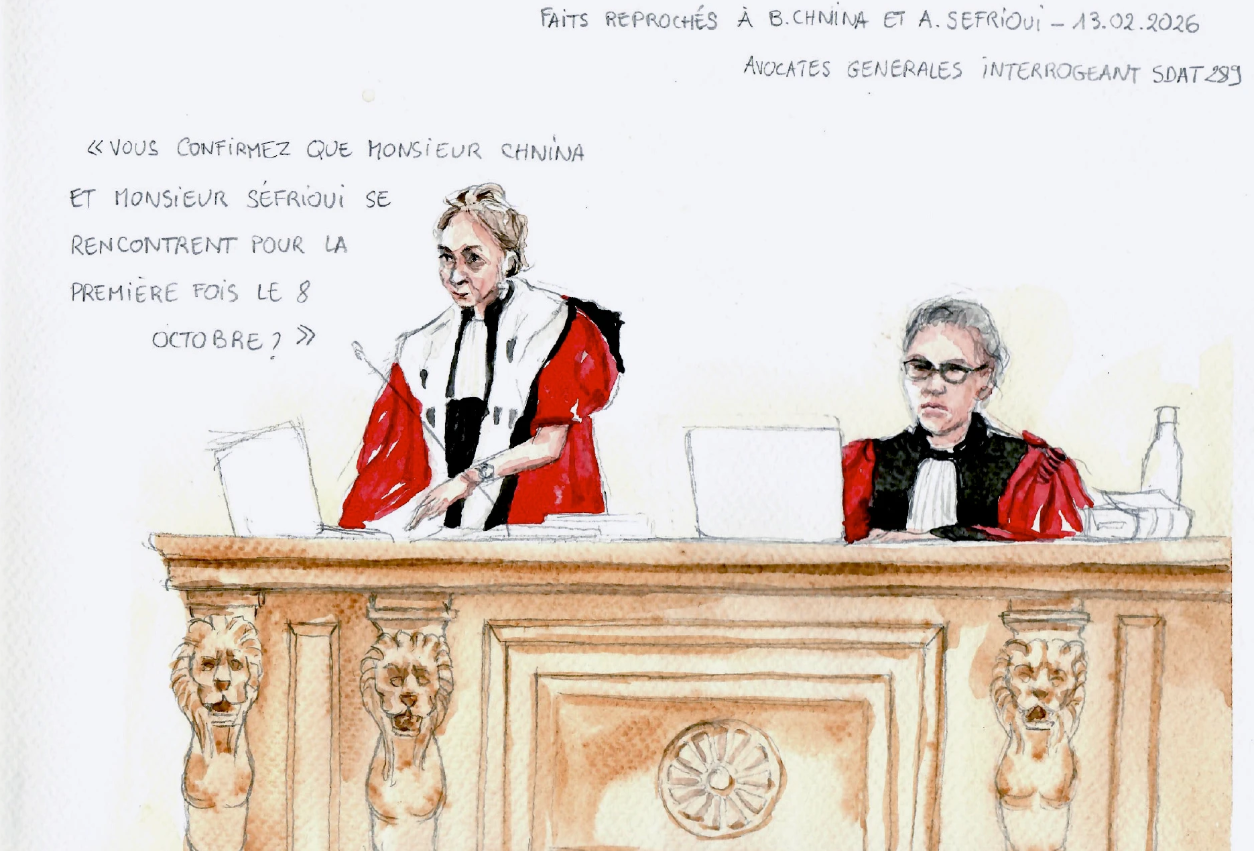 Aquarelle des avocates générales interrogeant un témoin 