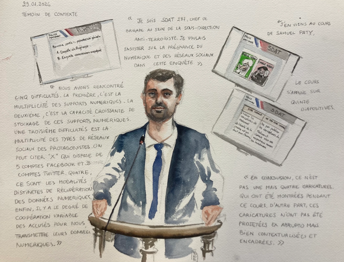 Aquarelle représentant un officier de la SDAT à la barre des témoins avec reproduction de verbatims
