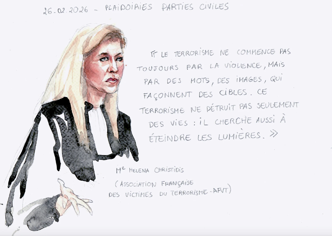 Aquarelle représentant une avocate de la partie civile lors de sa plaidoirie avec reproduction de verbatims